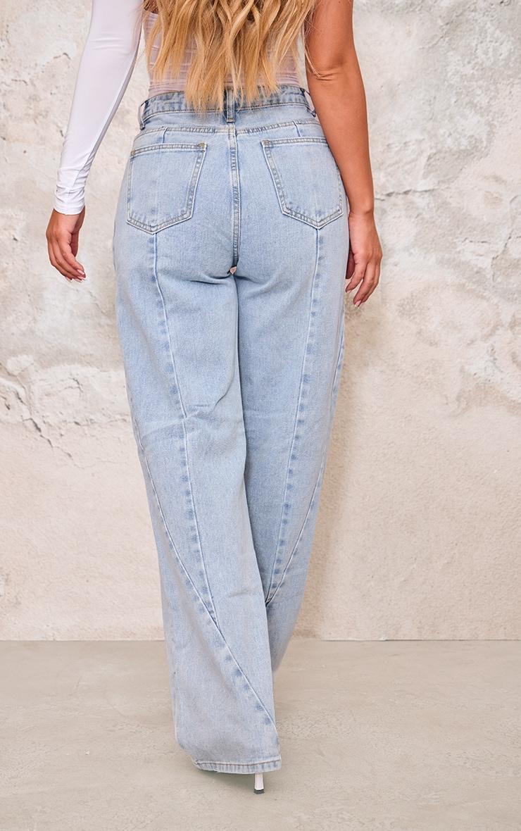 Light Blue Washed Front Seam Detail Wide Leg Jeans Product Image