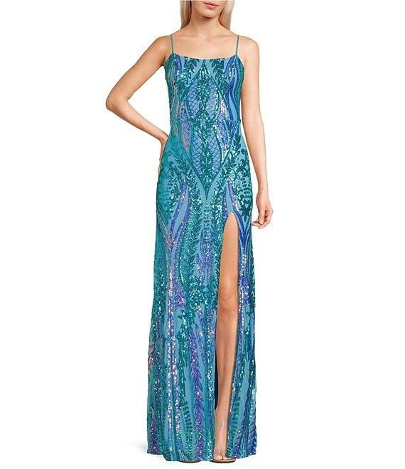 Blondie Nites Sequin Pattern Scoop Neck Spaghetti Strap Front Slit Tie Back Gown Product Image