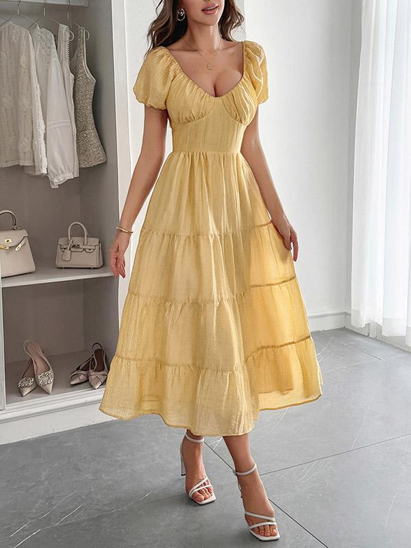 A-Line Loose Backless Pleated Solid Color Tied V-Neck Midi Dresses Product Image