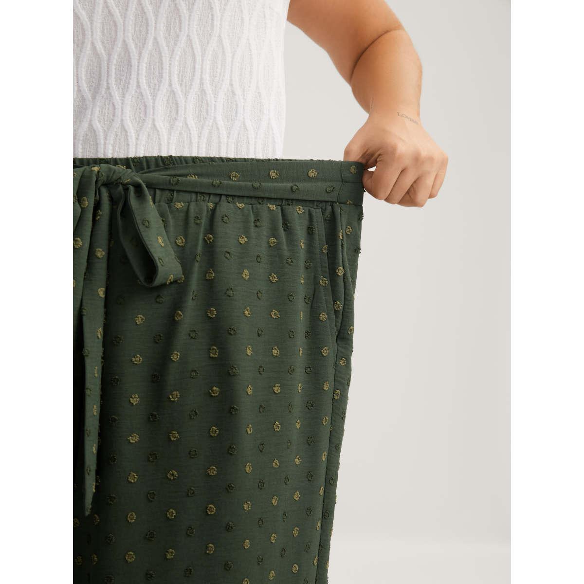 Plus Size Textured Dots Belted Slit Flowy Pants Women ArmyGreen Elegant Wide Leg Mid Rise Everyday-Elegant Pants BloomChic 14-16/1X Product Image