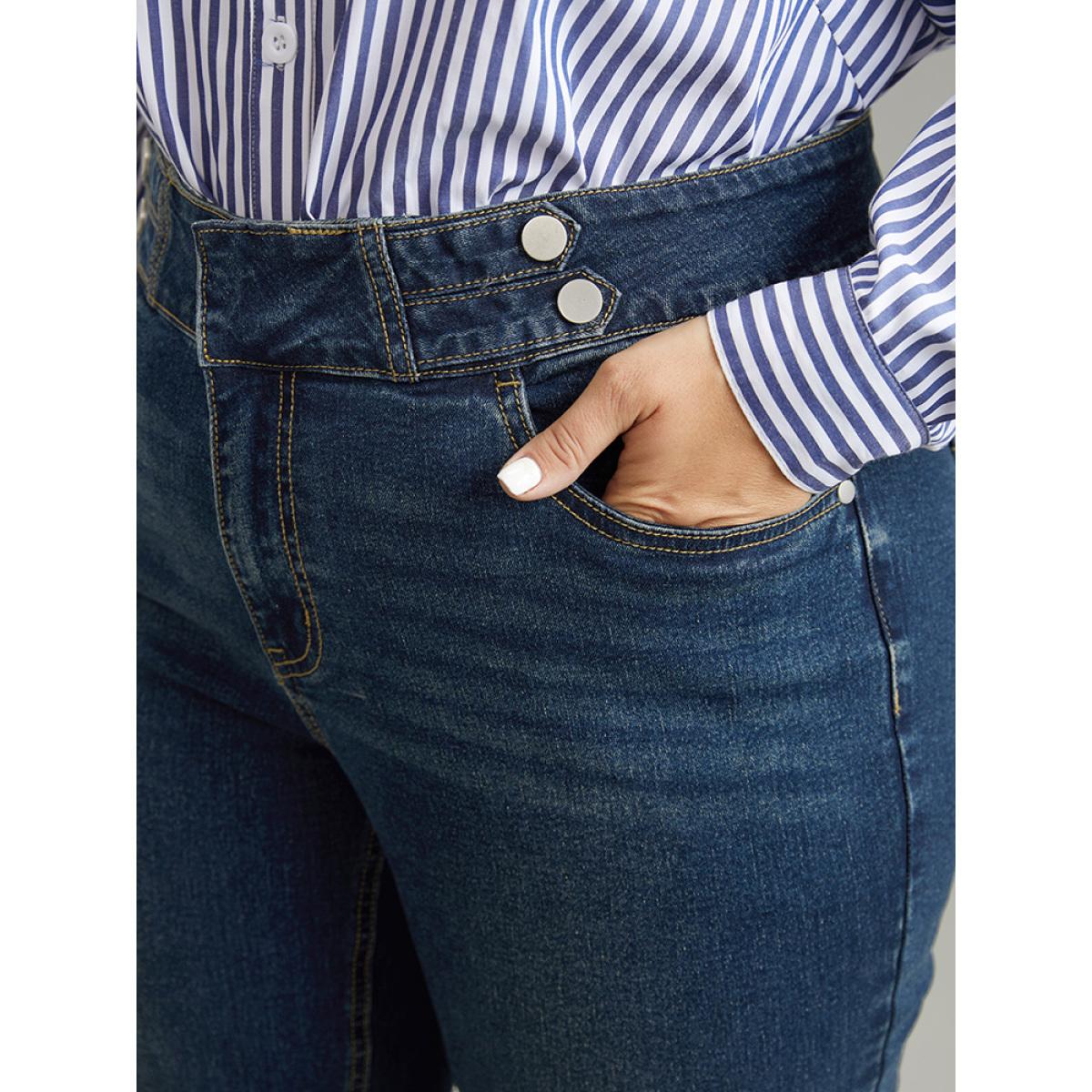 Plus Size Dark Wash Full Length Button Detail Jeans Women Indigo Casual Plain Plain High stretch Pocket Jeans BloomChic 24/3X Product Image