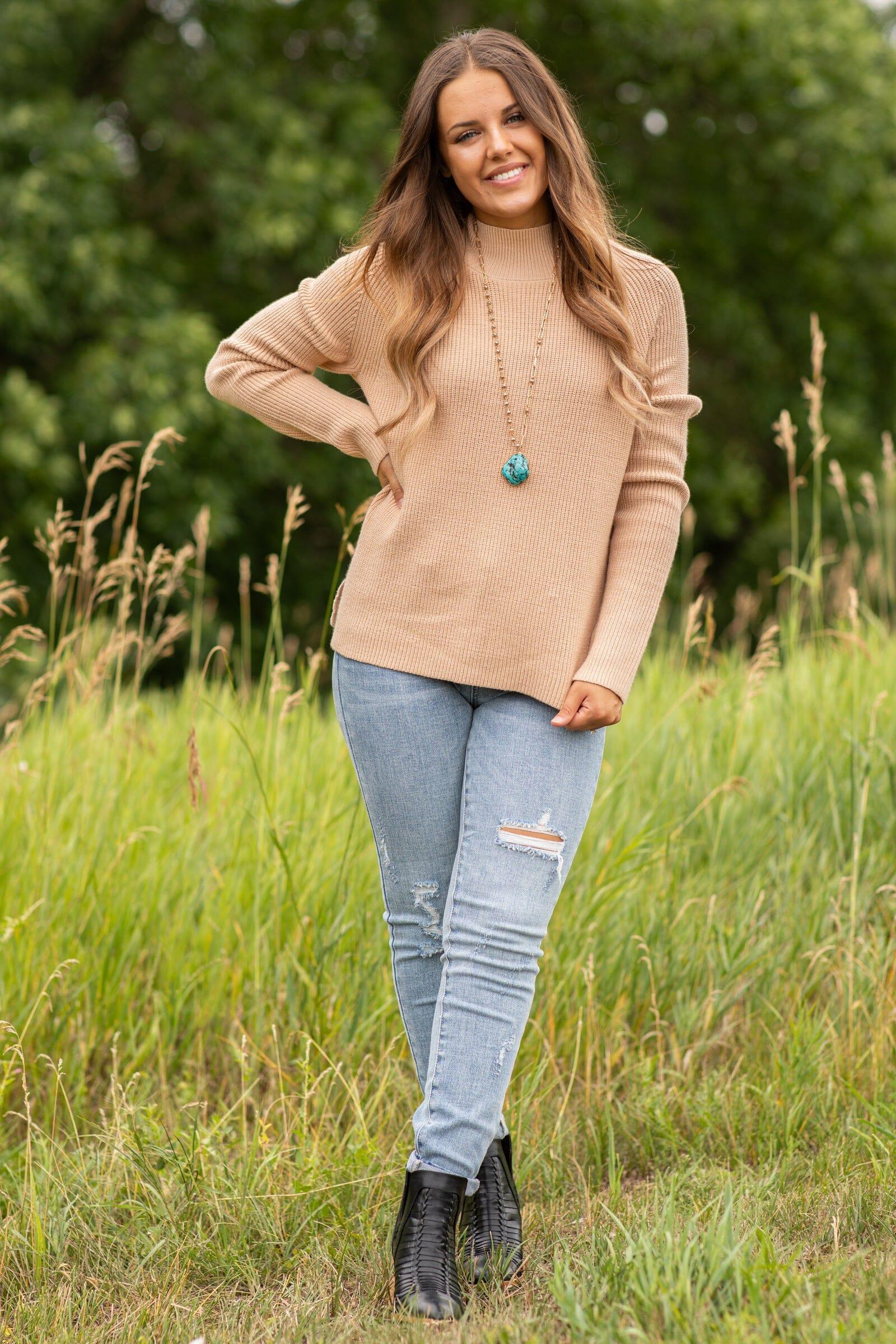 Beige Ribbed Mock Neck Sweater Product Image