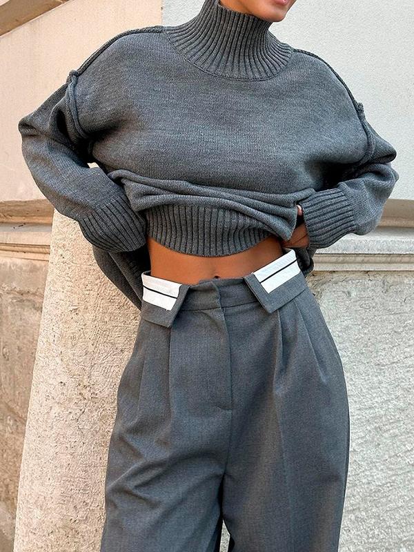 Long Sleeves Loose Solid Color Split-Joint High Neck Pullovers Sweater Tops Product Image