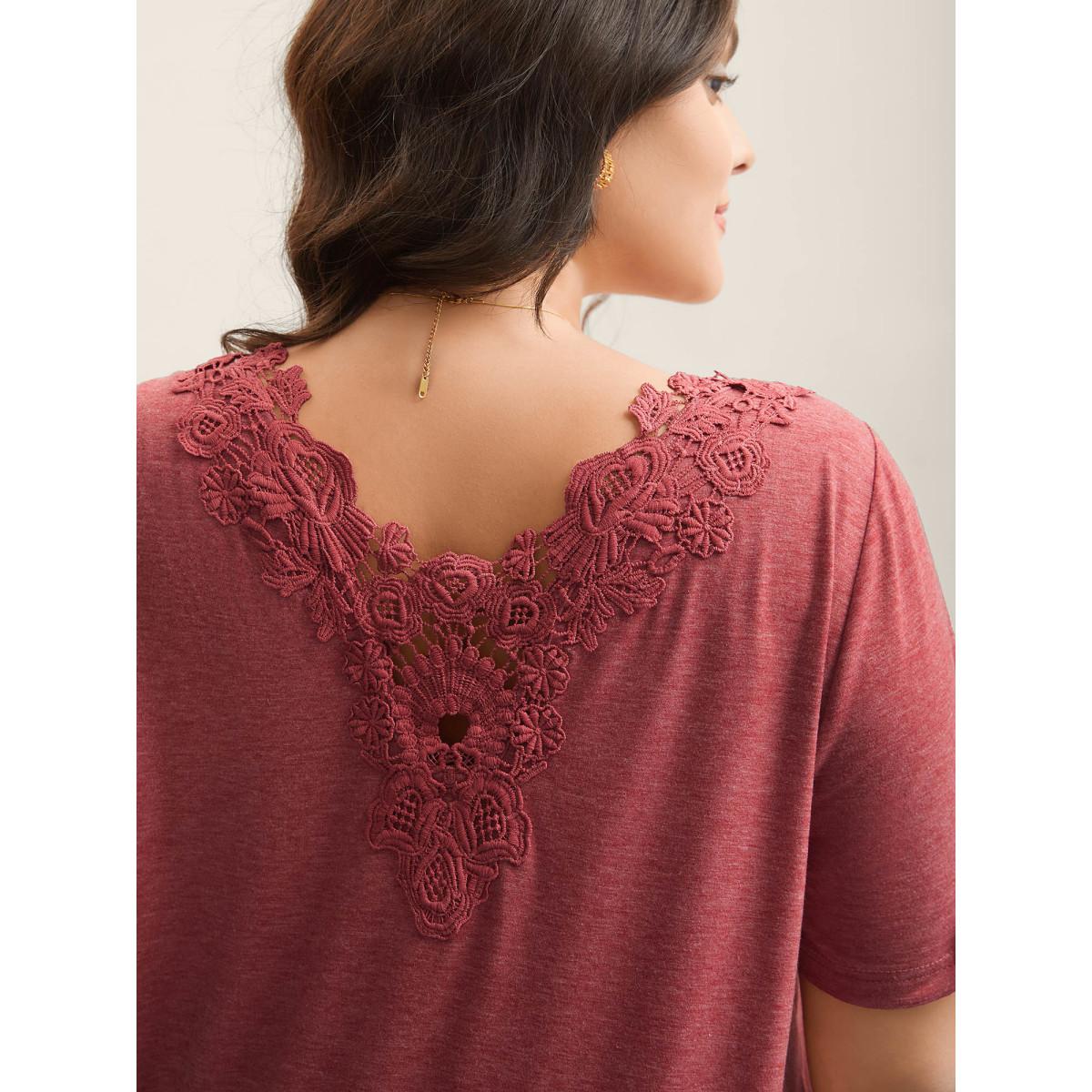 Plus Size Stretchy Floral Backless Plain T-Shirt Russet Women Woven ribbon&lace trim Round Neck Everyday-Elegant T-shirts BloomChic 12/L Product Image