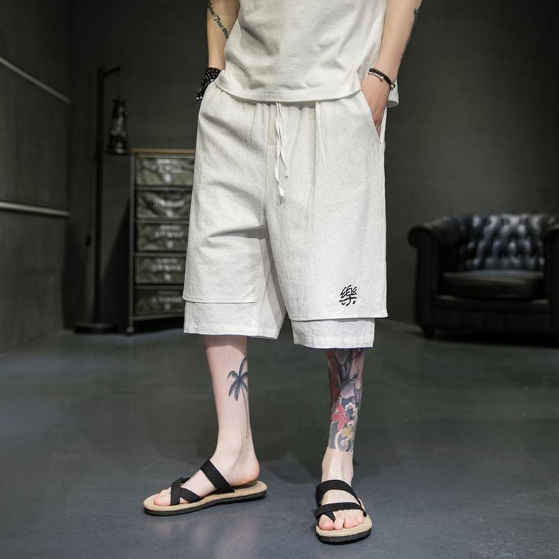 Drawstring Waist Embroidered Panel Shorts Product Image