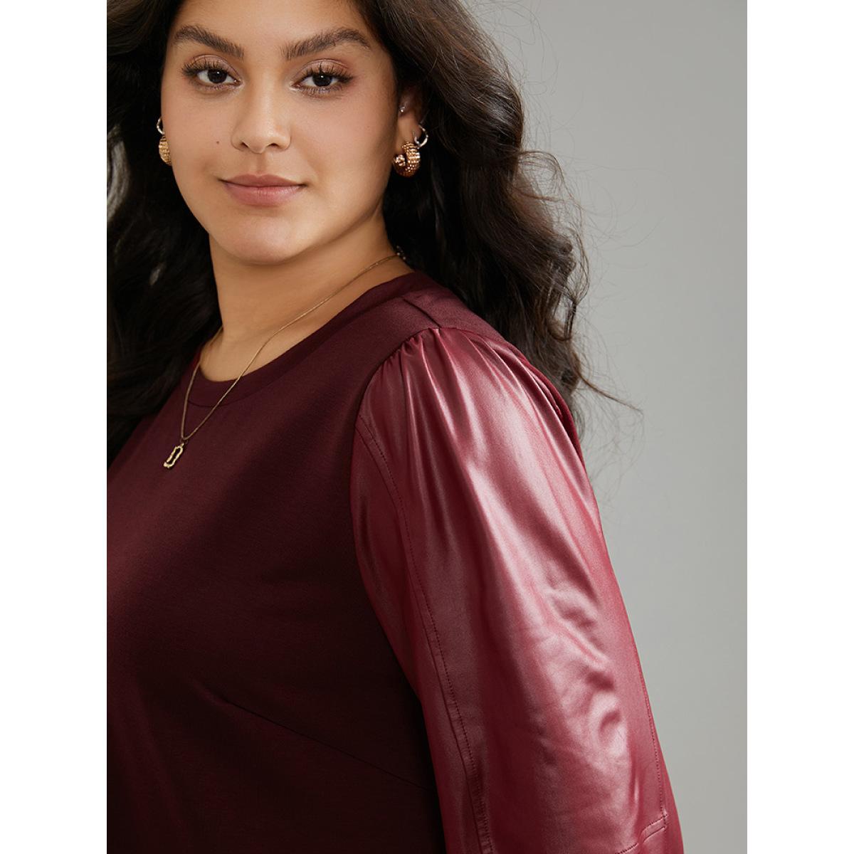 Plus Size PU Leather Patchwork Crew Neck Sweatshirt Women Scarlet Elegant Plain Round Neck Dailywear Sweatshirts BloomChic 30/6X Product Image