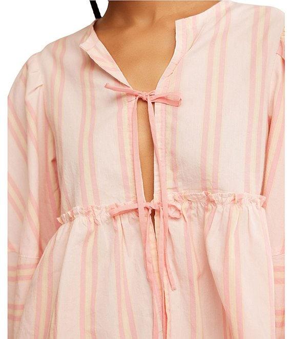 Free People Brunch Babe Stripe Print V-Neck Tie Front Long Sleeve Blouse Product Image
