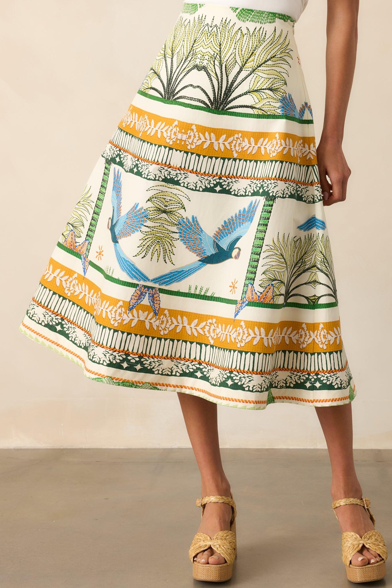 Aylaya Amazon Ivory Tropical Print Cotton Midi Skirt Product Image