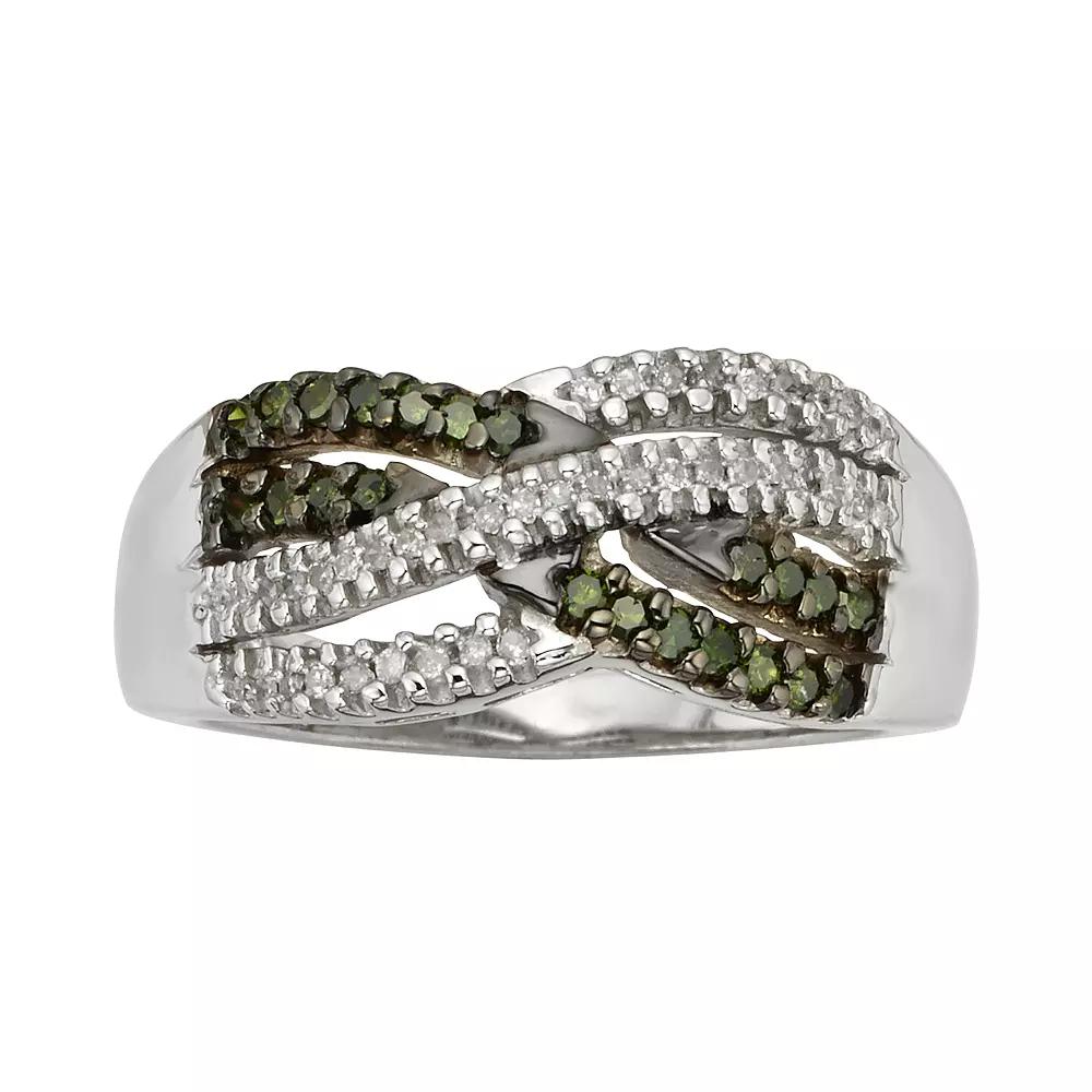 Jewelexcess Sterling Silver 1/3-ct. T.W. Green & White Diamond Crisscross Ring, Women's, Size: 8 Product Image