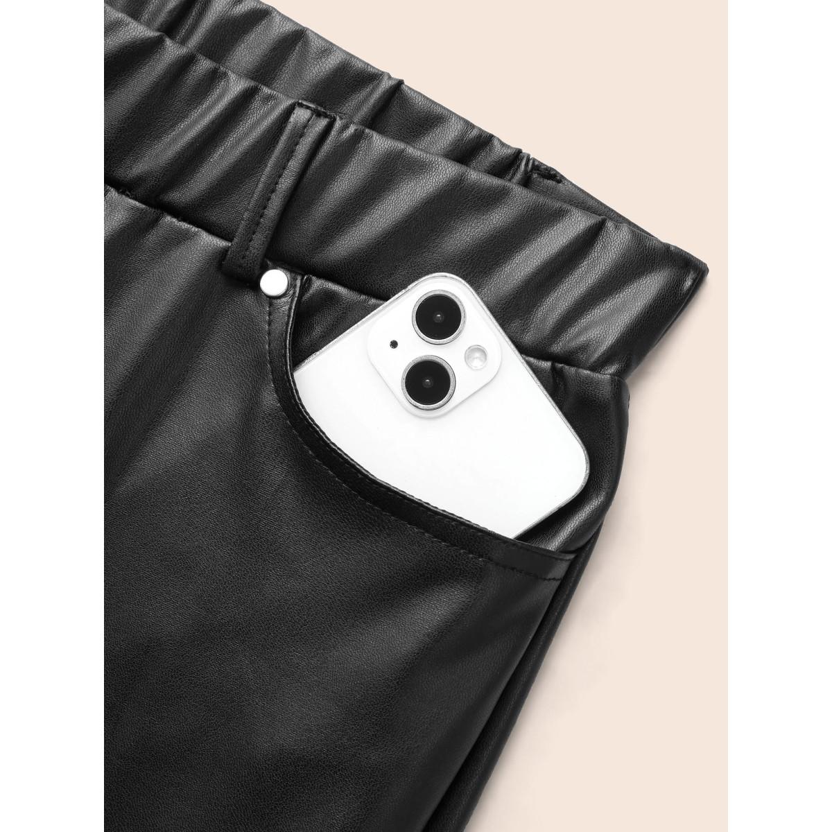 Plus Size PU Leather Button Detail Mid Rise Pants Women Black Casual Skinny Mid Rise Everyday Pants BloomChic 14-16/1X Product Image