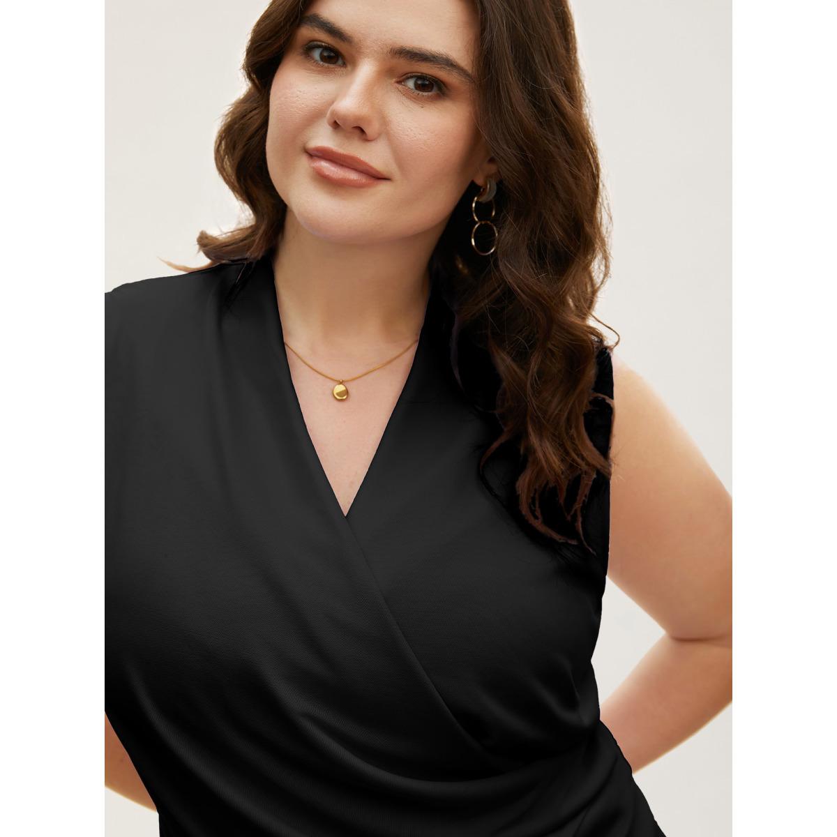 Plus Size Overlap Collar Solid Pleated Tank Top Women Black Elegant Pleated Overlap Collar Everyday Tank Tops Camis BloomChic 18-20/2X Product Image