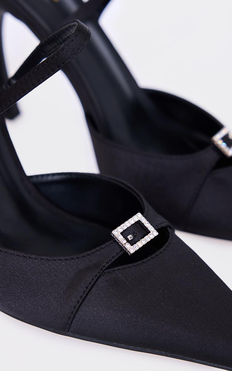 Black Satin Point Toe Diamante Buckle Sling Back High Stiletto Sandals Product Image