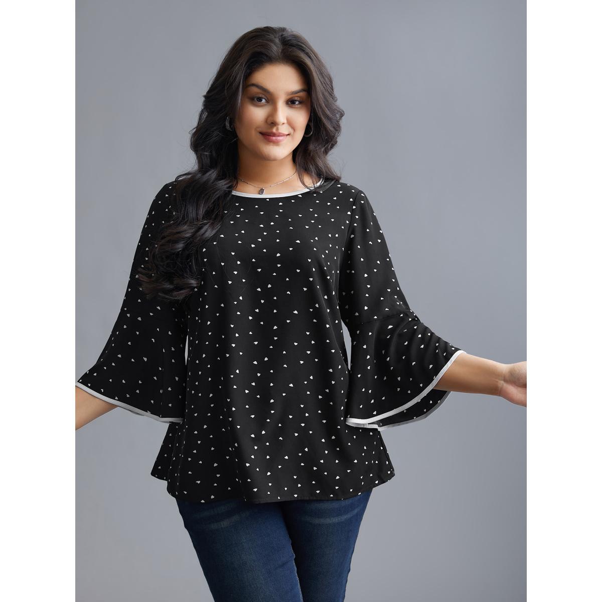 Plus Size Black Heart Print Bell Sleeve Patchwork Blouse Women Elegant Elbow-length sleeve Round Neck Everyday Blouses BloomChic 30/6X Product Image