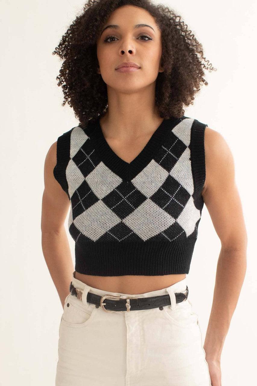 Black Argyle Shrunken Sweater Vest Product Image