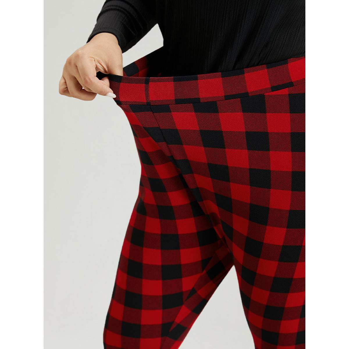 Plus Size Plaid Elastic Waist High Rise Skinny Leggings Women Raspberry Elegant High stretch Skinny High Rise Festival-Christmas Leggings BloomChic 22-24/3X Product Image