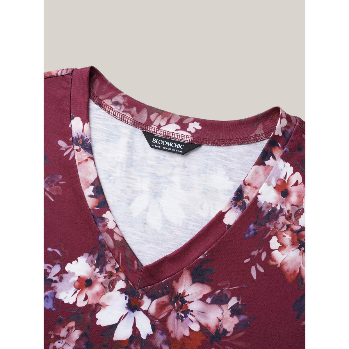Plus Size Floral Print V Neck Stretchy T-shirt Deepred Women Timeless Non Natural Flowers V-neck Elegant T-shirts BloomChic 18-20/2X Product Image