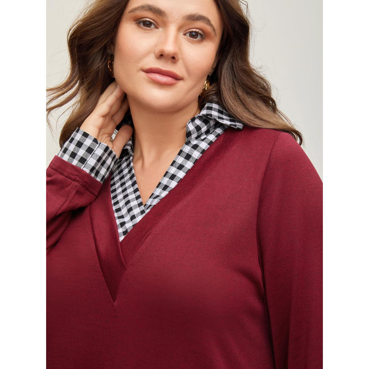 Plus Size Gingham Patchwork Shirt Collar Arc Hem Sweatshirt Women Scarlet Leisure Patchwork V-neck Casual Sweatshirts BloomChic 22-24/3X Product Image