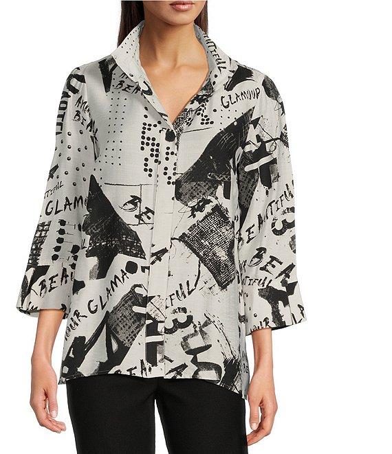 Ali Miles Black White Print Wire Collar 3/4 Sleeve Button Front Tunic Product Image