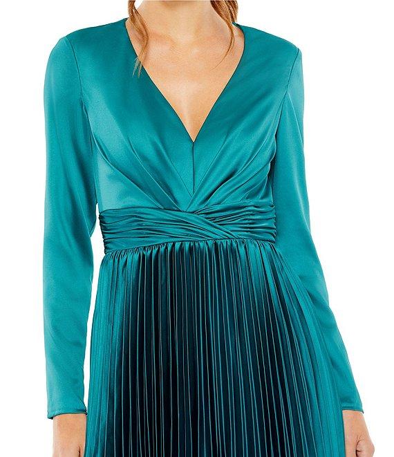 Mac Duggal Pleated Satin V-Neck Long Sleeve Fit and Flare Midi Dress Product Image