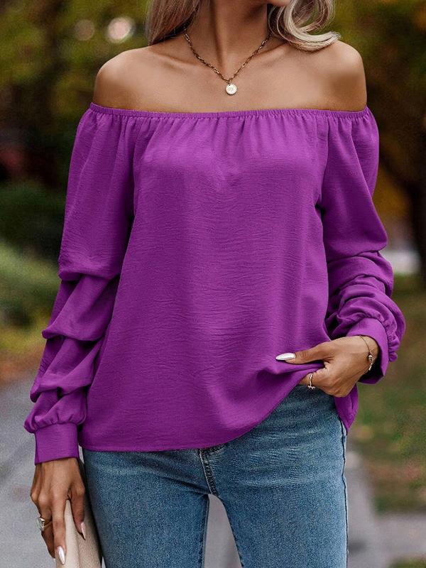Long Sleeves Loose Elasticity Pleated Solid Color Off-The-Shoulder Blouses&Shirts Tops Product Image