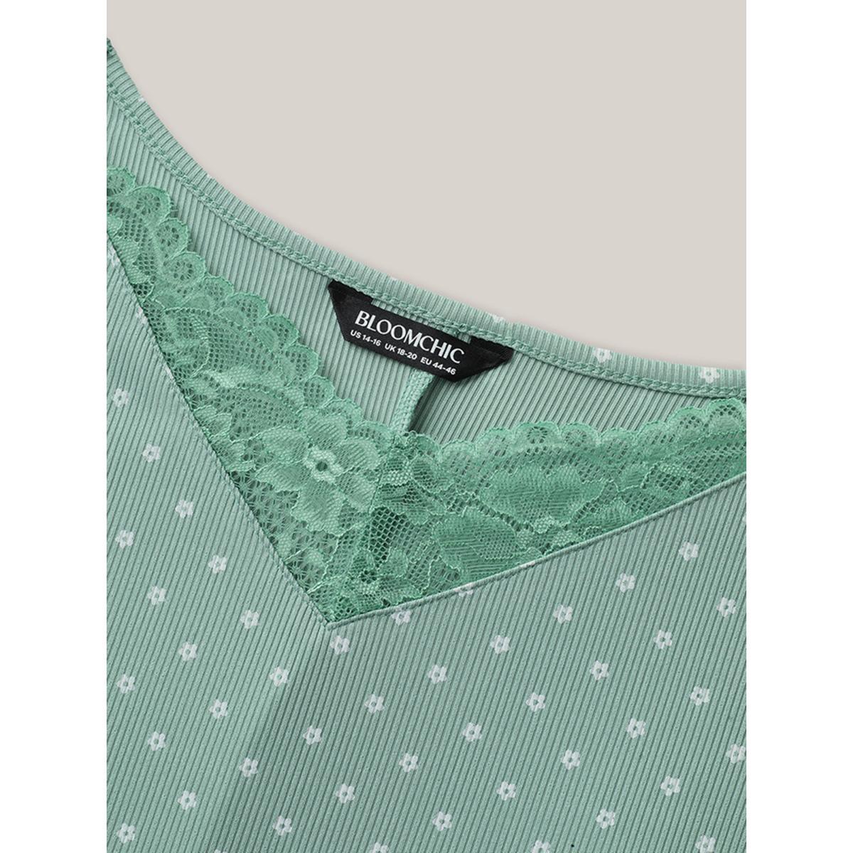 Plus Size Lace Neck Polka Dots Textured Loungewear Women Greenbean Leisure V-neck Loungewear BloomChic 26/4X Product Image