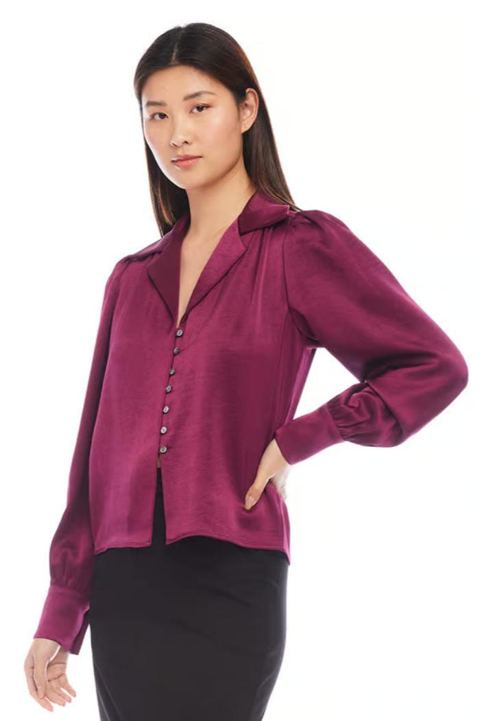 Shirred Satin Blouse - Wine Product Image