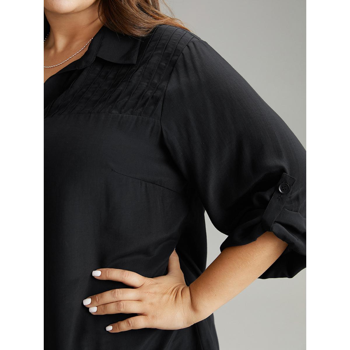 Plus Size Black Solid Button Through Roll Tab Sleeve Blouse Women Office Long Sleeve Shirt collar Work Blouses BloomChic 12/L Product Image