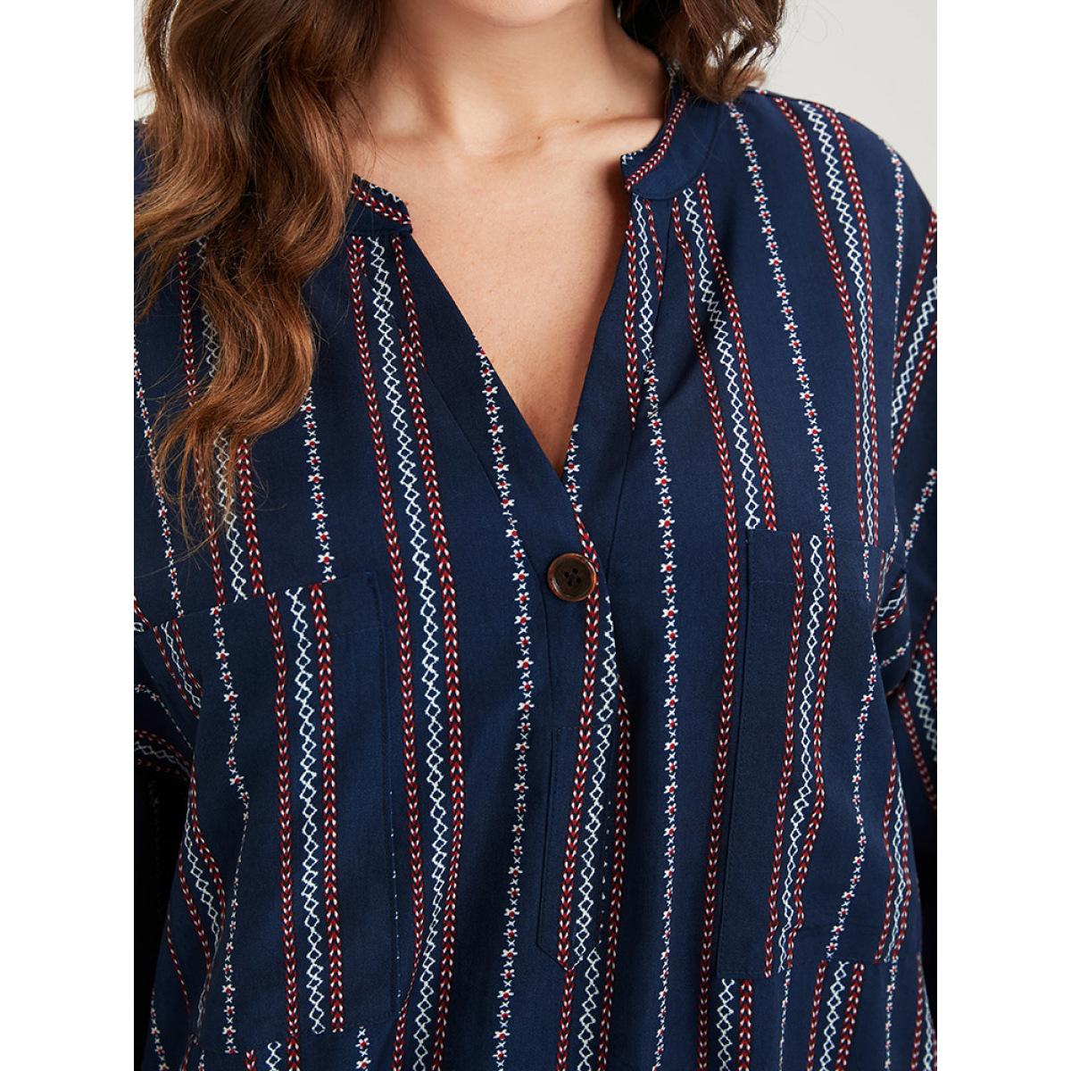 Plus Size Asymmetrical Striped Patchwork Button Pocket Cuffed Sleeve Midi Dress DarkBlue Women Vacation Button V-neck Long Sleeve Curvy Midi Dress BloomChic 30/6X Product Image