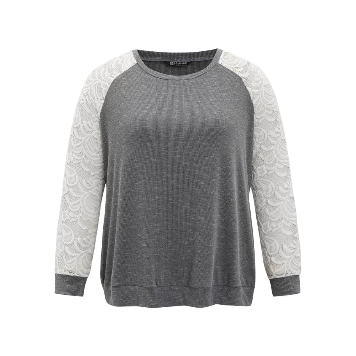 Plus Size Lace Panel Raglan Sleeve Elastic Cuffs Sweatshirt Women Gray Elegant Elastic cuffs Round Neck Dailywear Sweatshirts BloomChic 22-24/3X Product Image