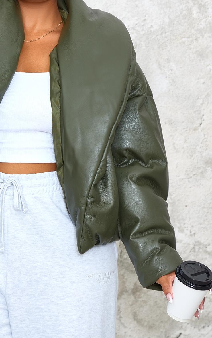 Plus Dark Khaki Exaggerated Collar PU Cropped Puffer Coat Product Image