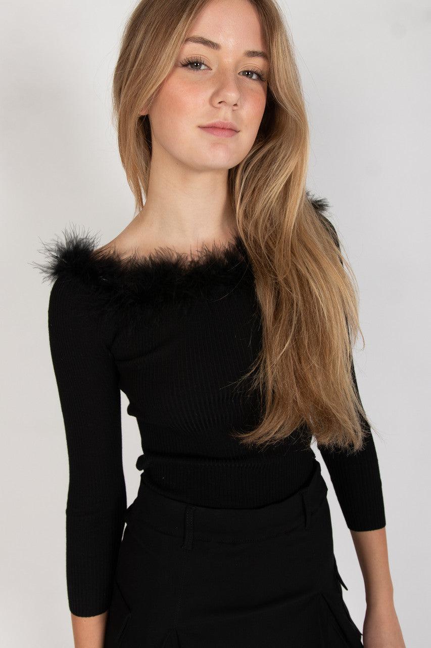 Off The Shoulder Feather Trim Sweater Product Image