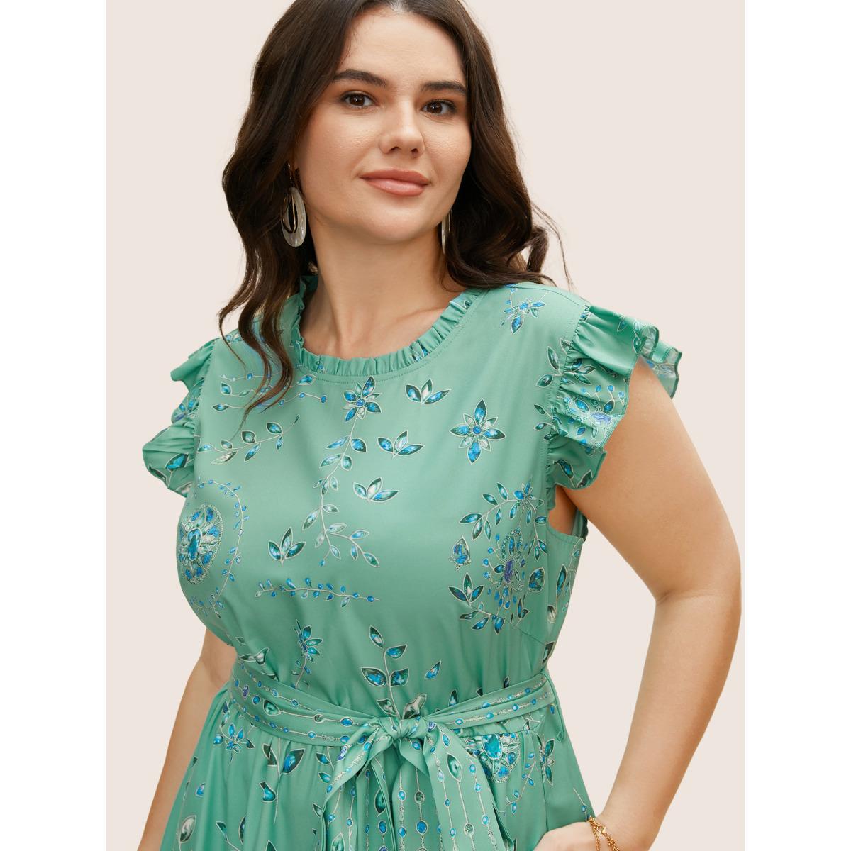 Plus Size Mock Neck Floral Ruffle Cap Sleeve Dress Palemauve Women Elegant Belted Mock Neck Cap Sleeve Curvy BloomChic 30/6X Product Image