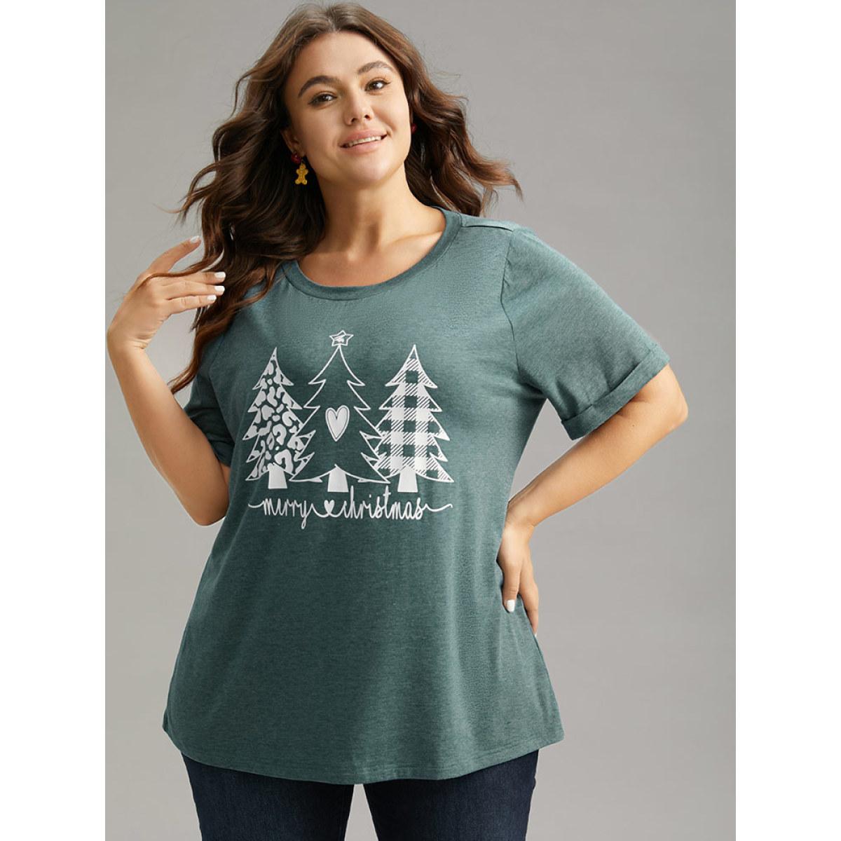 Plus Size Christmas Trees Print Cuffed Sleeve T-shirt DarkGreen Women Casual Printed Christmas Festival-Christmas T-shirts BloomChic 10/M Product Image