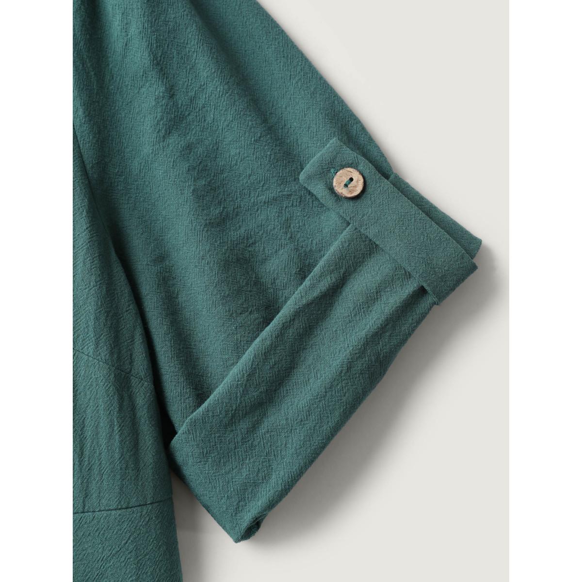 Plus Size Pure Cotton Button Gathered Sleeve Midi Dress Teal Women Boho Gathered V-neck Elbow-length sleeve Curvy BloomChic 26/4X Product Image