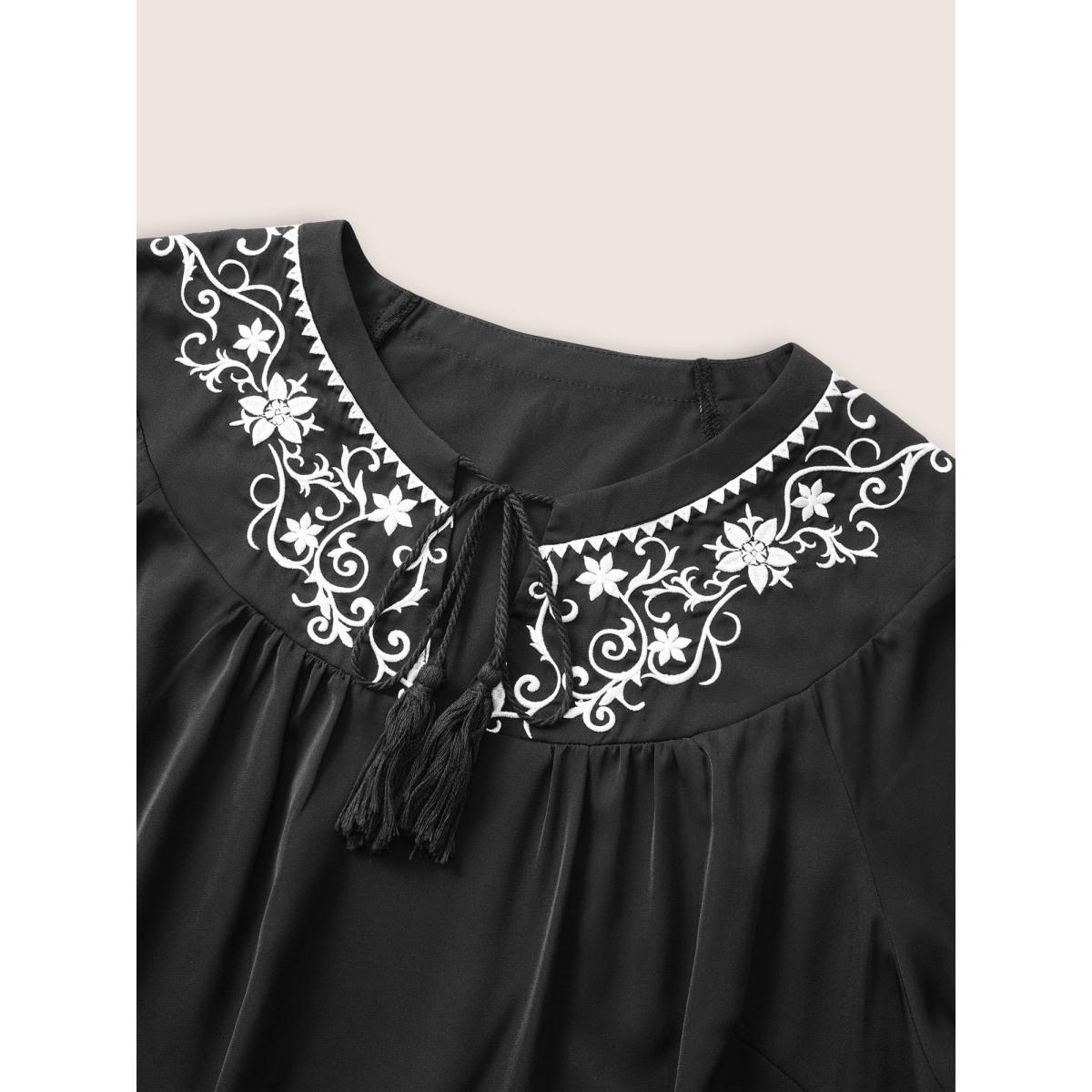 Plus Size Black Boho Print Tie Neck Tassels Lantern Sleeve Blouse Women Casual Long Sleeve Tie Neck Vacation Blouses BloomChic 28/5X Product Image