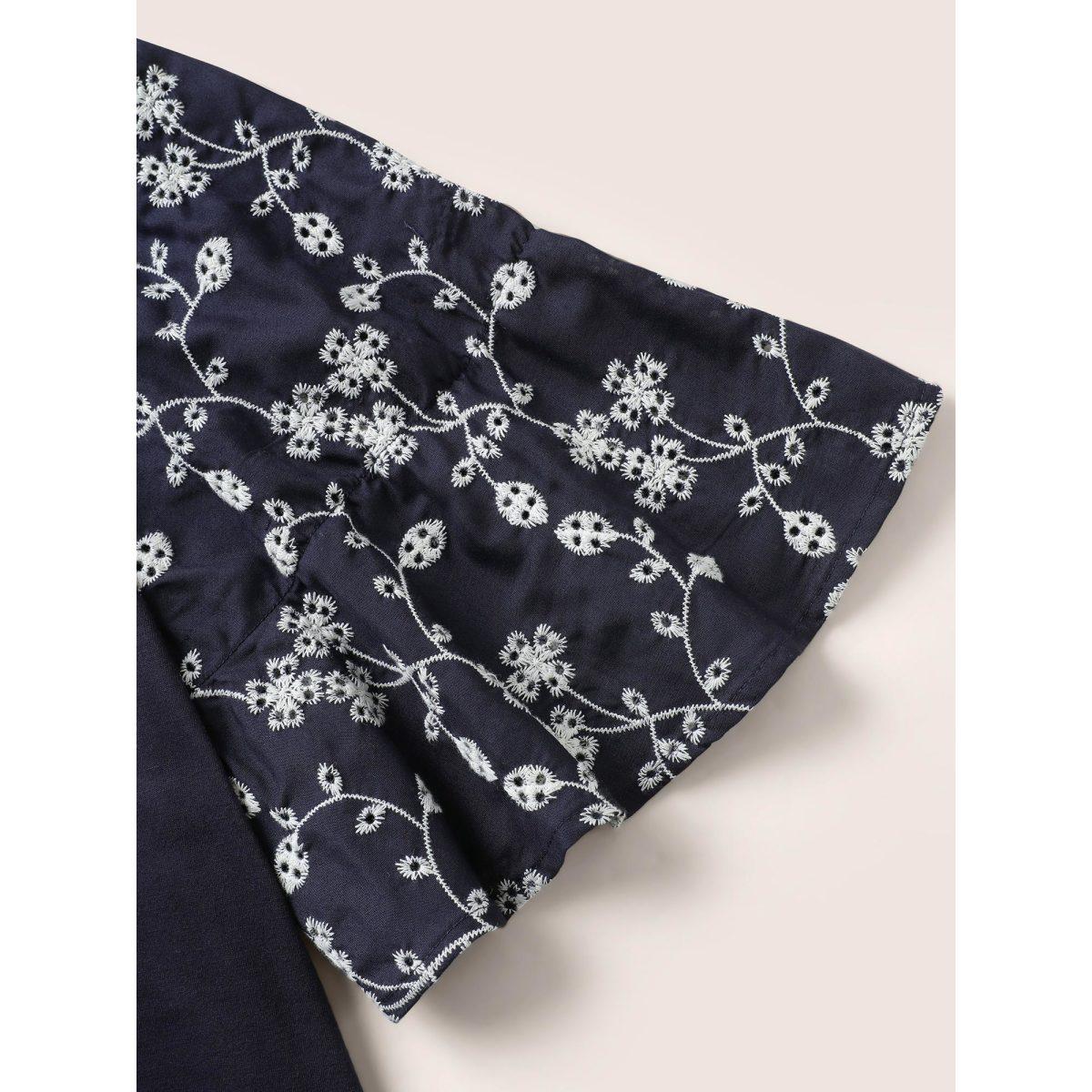 Plus Size Ditsy Floral Patchwork Broderie Anglaise T-shirt Midnight Women Elegant Patchwork Ditsy Floral Round Neck Everyday T-shirts BloomChic 14-16/1X Product Image