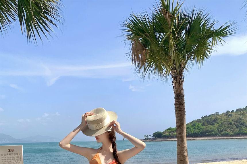 Set: Halter Floral Print Bikini Top + Bottom + Cover Up Skirt Product Image