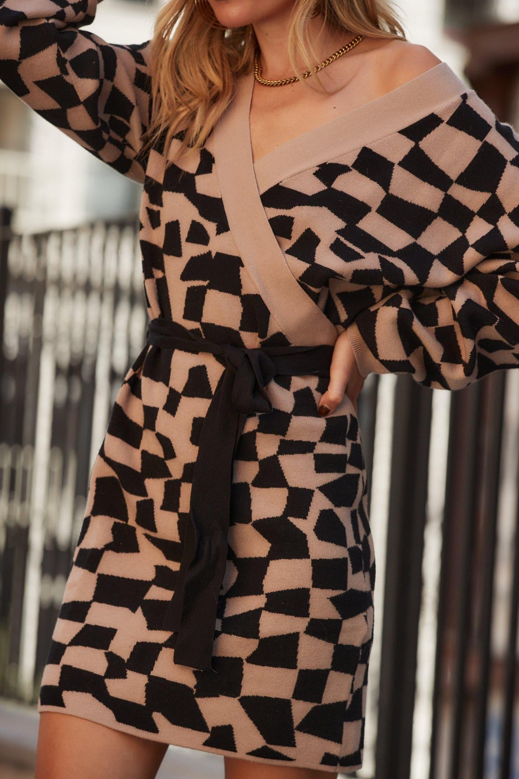 Heather Black & Tan Printed Sweater Mini Dress Product Image