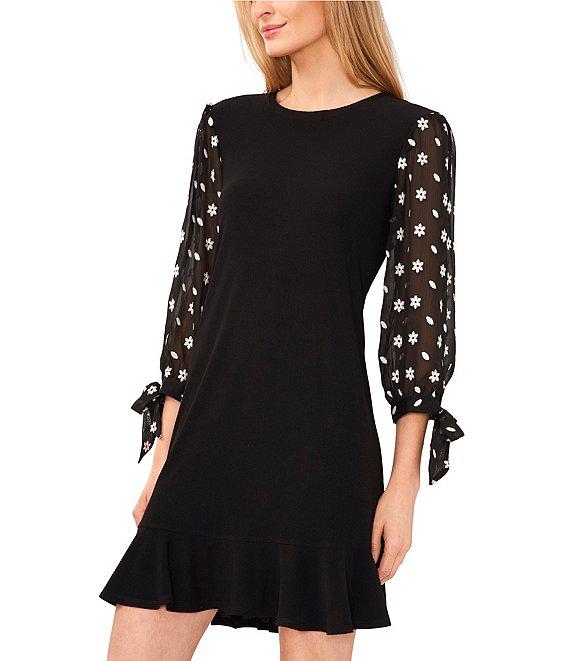 CeCe Crew Neck 3/4 Puffed Floral Sleeve Dress Product Image