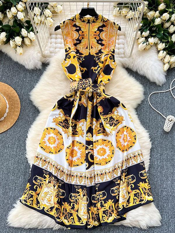 Sleeveless Belt Buckle Buttoned Contrast Color Floral Printed Midi Dresses Product Image