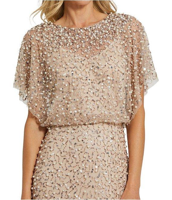 Mac Duggal Pearl Sequin Beaded Mesh Boat Neck Short Flutter Sleeve Shawl Gown Product Image