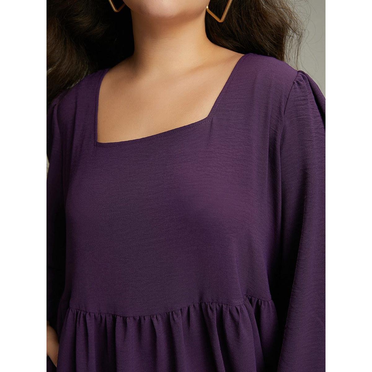 Plus Size Colorblock Contrast Square Neck Ruffle Layered Hem Dress Eggplant Women Casual Elastic cuffs Square Neck Long Sleeve Curvy Long Dress BloomChic 18-20/2X Product Image