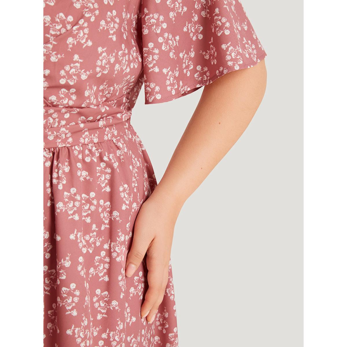 Plus Size Ditsy Floral Pocket Crossover Elastic Waist Dress DustyPink Women Elegant Printed Round Neck Short sleeve Curvy Midi Dress BloomChic 10/M Product Image