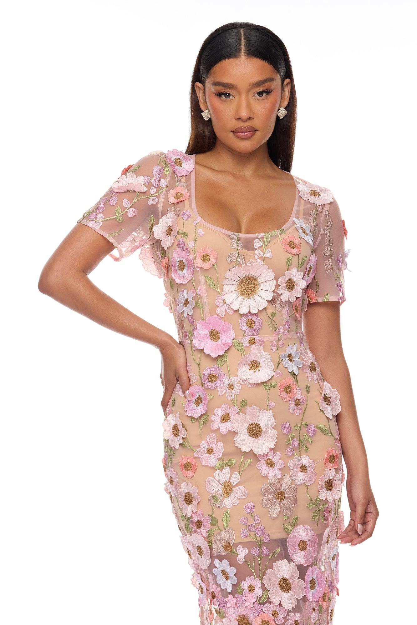Rosewood Floral Embroidered Mesh Midi Dress - Pink/combo Female Product Image