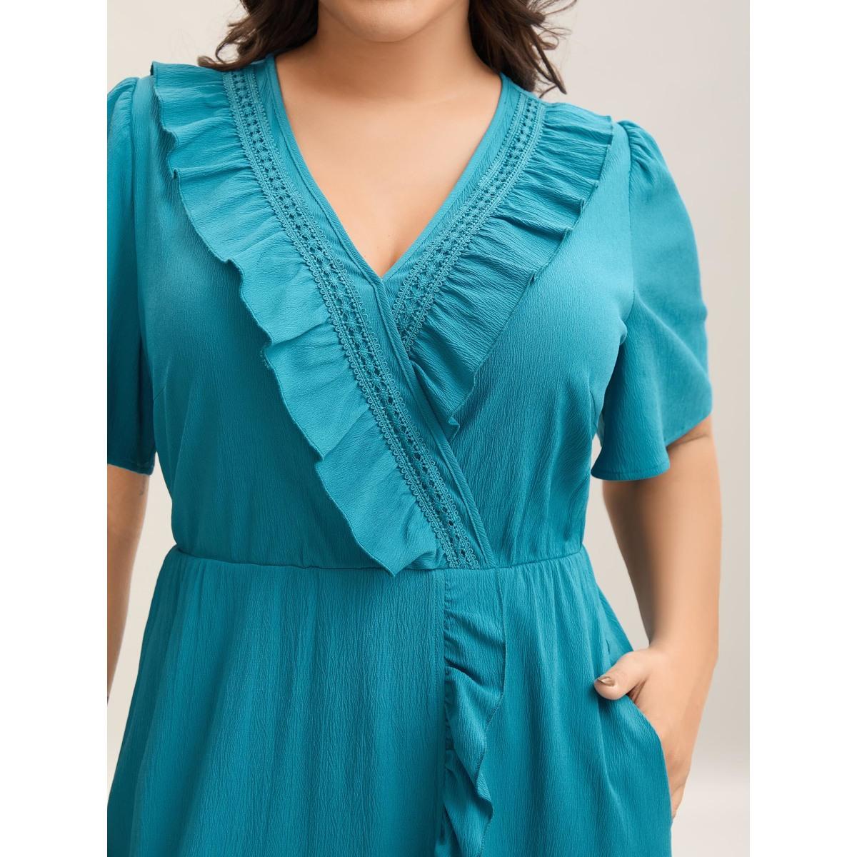 Plus Size Ruffled Lace Trim Pockets Plain Midi Dress Cerulean Women Overlap Collar Short sleeve Curvy BloomChic 26/4X Product Image