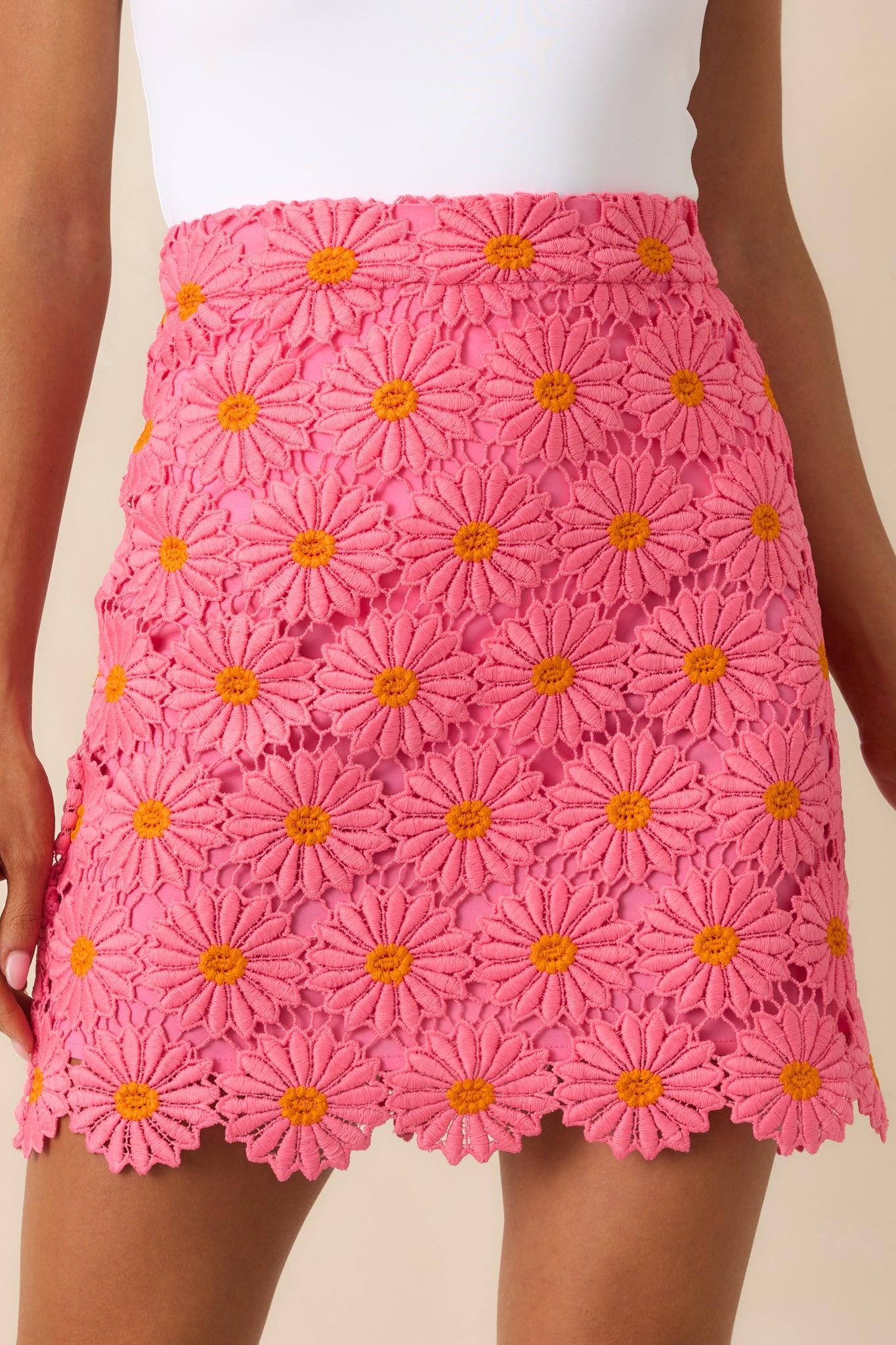 Naturally Poised Hot Pink Floral Embroidered Lace Mini Skirt Product Image