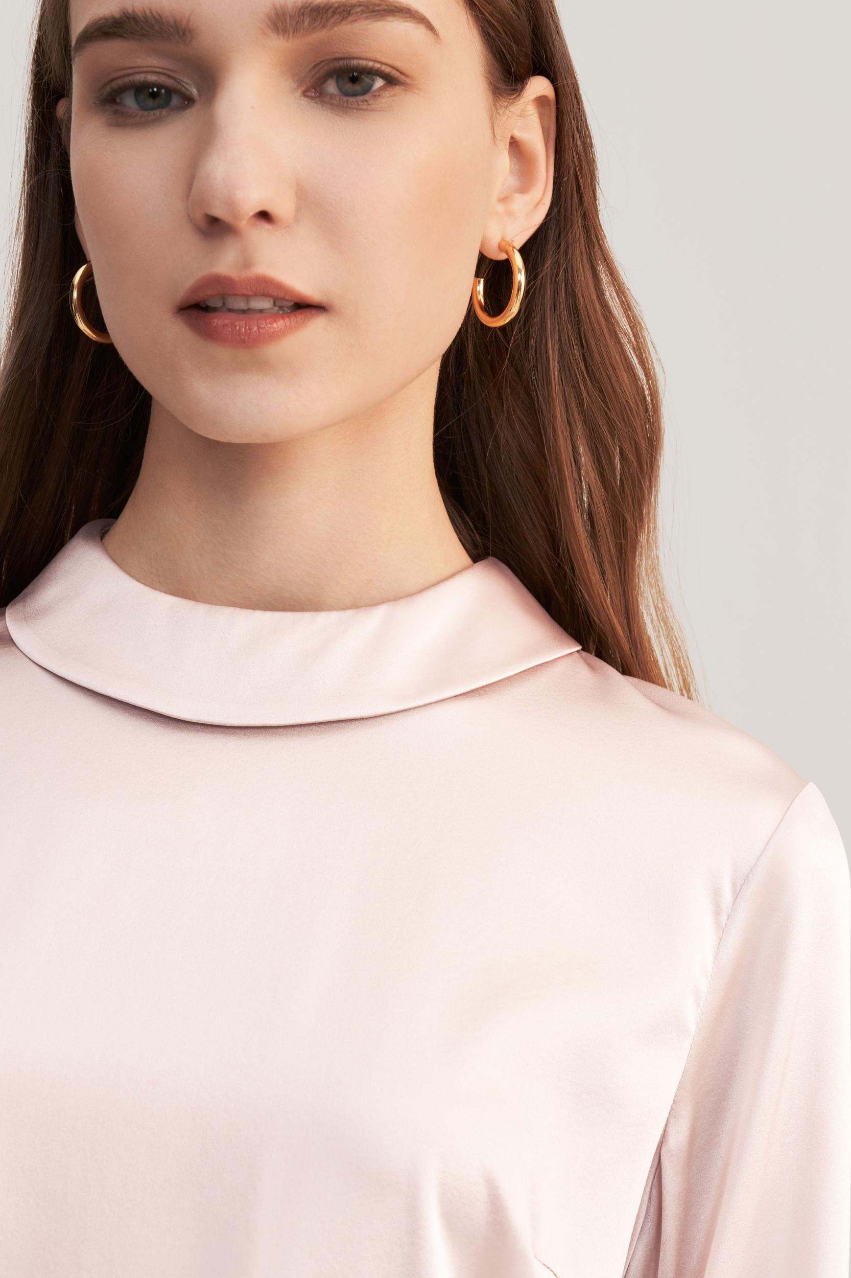 Stand Collar Long Sleeves  Silk Blouse Product Image