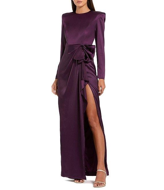 Mac Duggal Long Sleeve Crew Neck Ruched Waist Draped Bow Thigh High Slit Satin A-Line Gown Product Image