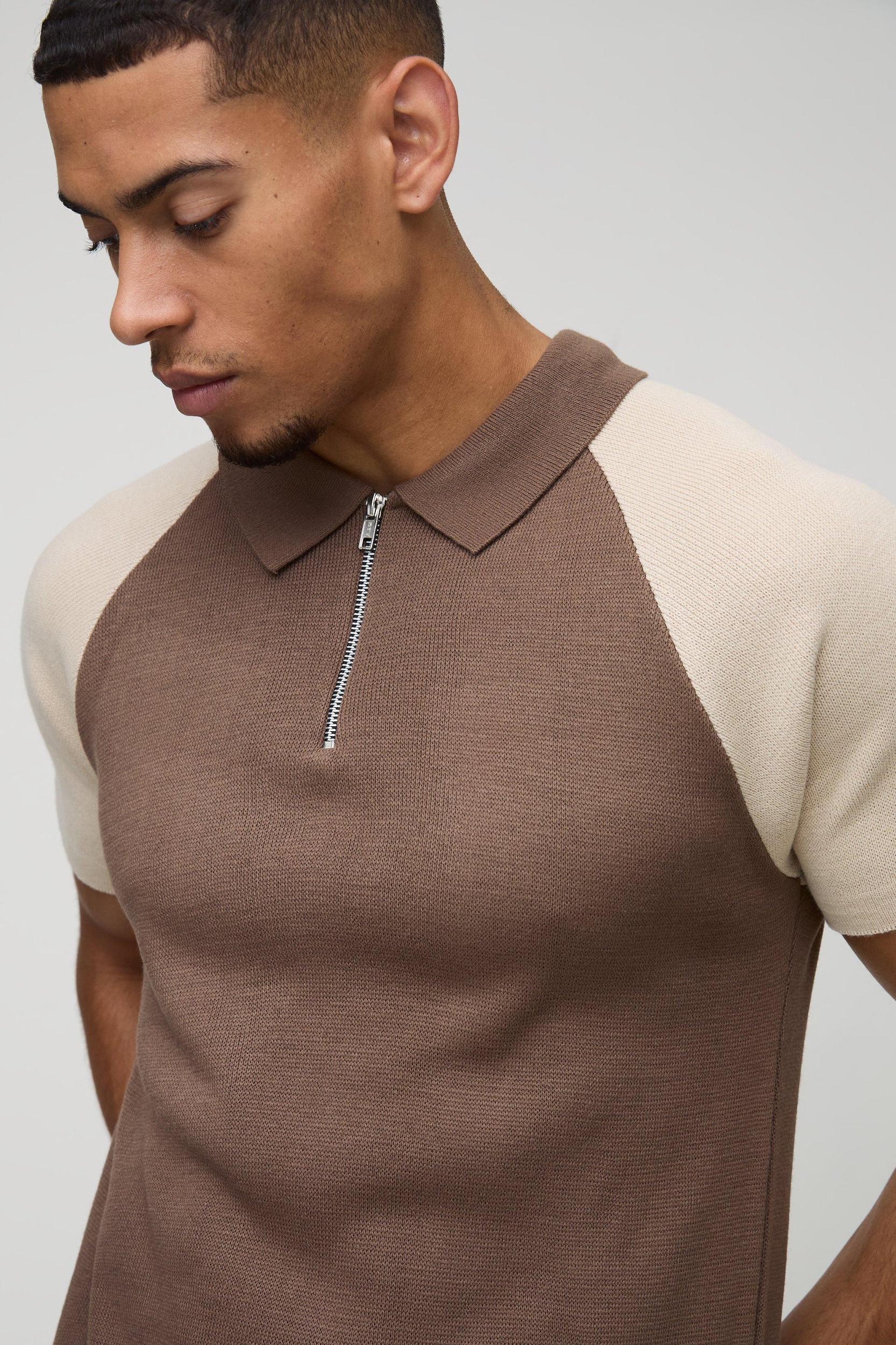 Short Sleeve Muscle Fit Raglan Colour Block Knit Polo | boohooMAN USA Product Image