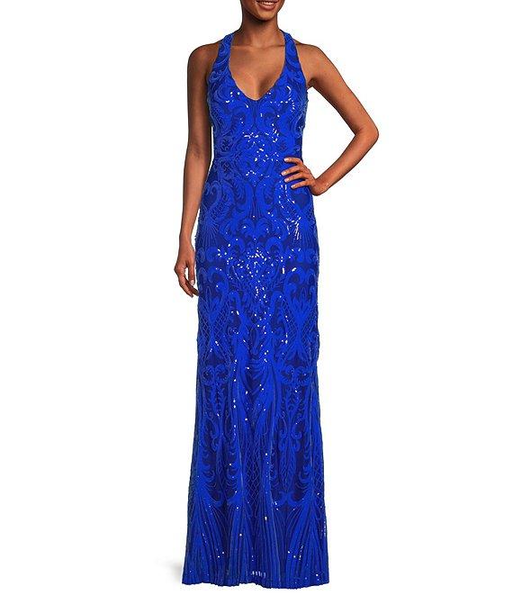 Next Up Sequin Pattern V-Neck Sleeveless X-Back Loop and Lacing Long Dress Product Image